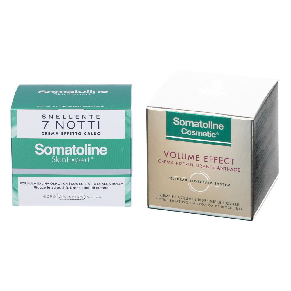 Due confezioni quadrate. A sinistra: verde e bianco, testo: Somatoline, 7 Notti, Crema Effetto Caldo. A destra: bianco e oro, testo: Somatoline Cosmetic, Volume Effect.