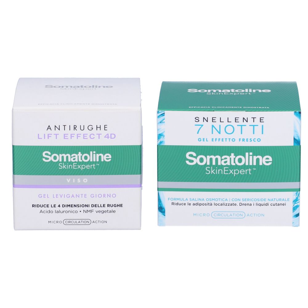 Due confezioni cosmetiche. A sinistra: bianca con fascia verde, scritta « Antirughe Lift Effect 4D ». A destra: verde, scritta « Snellente 7 Notti ».