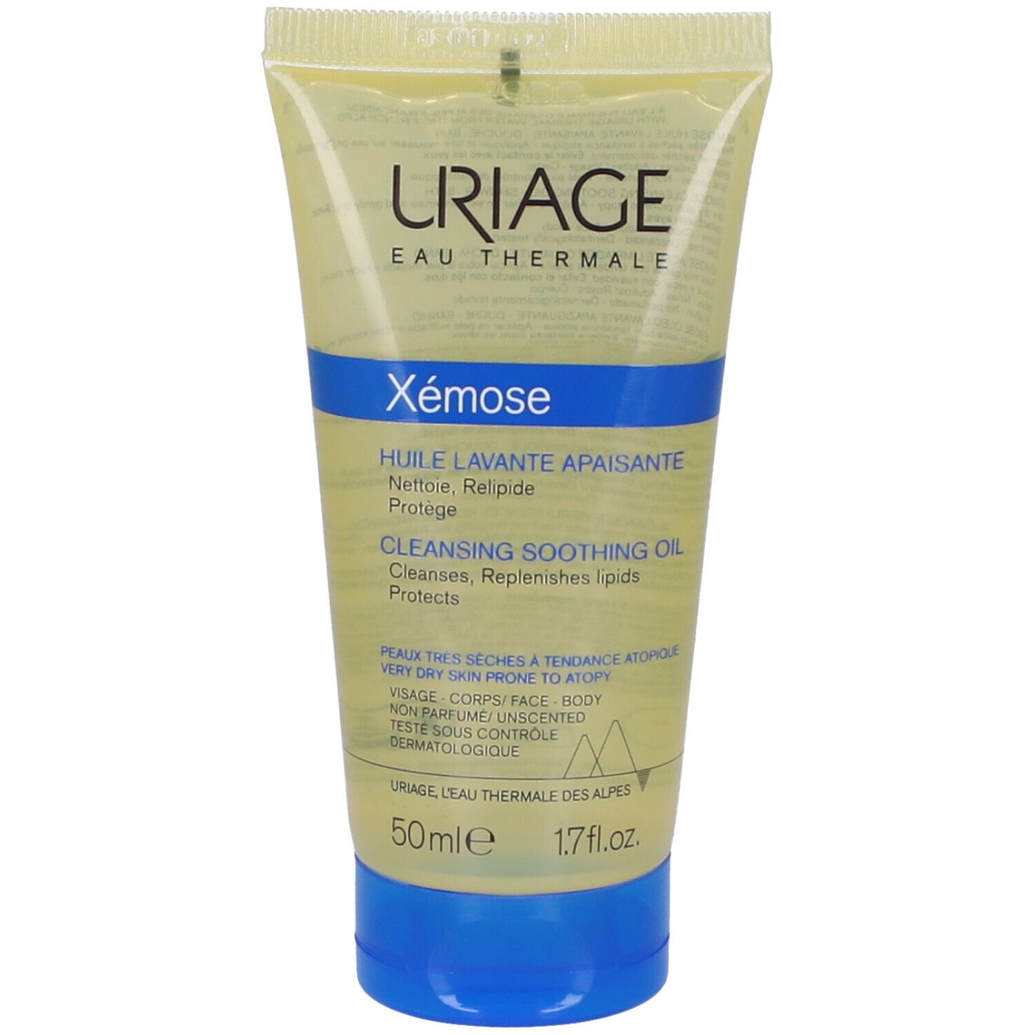 Tubo giallo con fascia blu. Scritta: URIAGE, Xémose, Cleansing Soothing Oil. 50ml, 1.7 fl.oz.