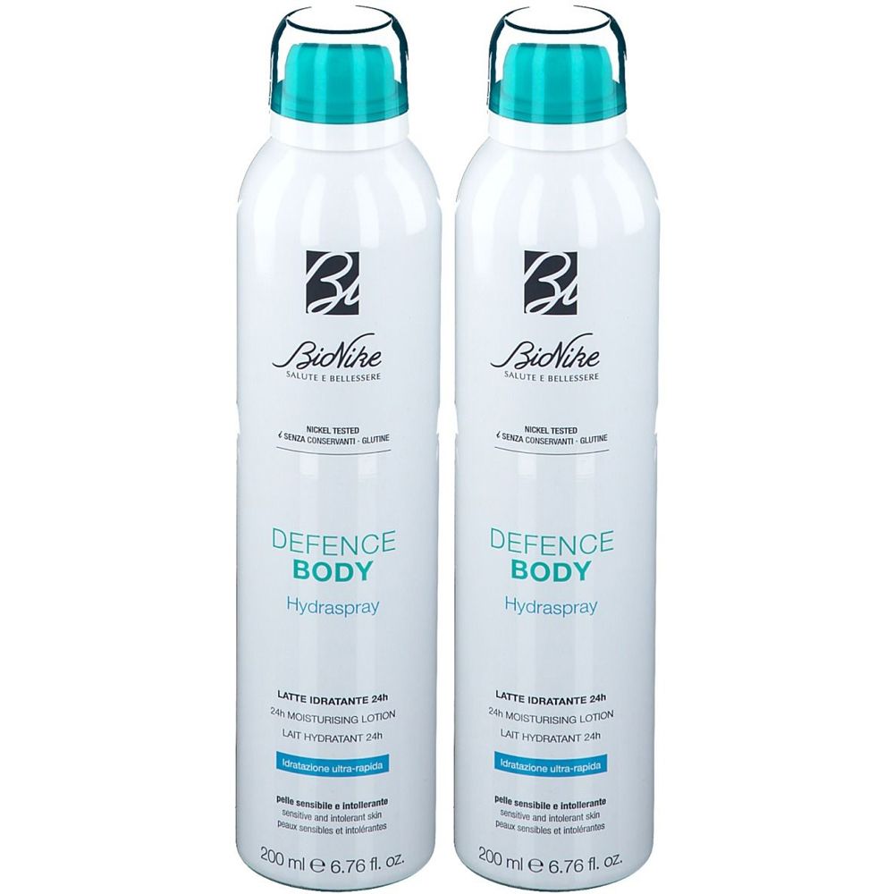 Due spray bianchi con tappi turchesi. Scritta: BioNike, Defence Body Hydraspray, 200 ml.