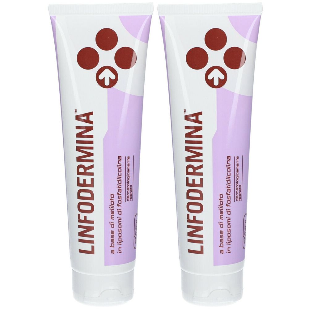 Due tubi di LINFODERMINA. Tubi bianchi con accenti viola e simboli marroni. Testo: LINFODERMINA, a base di meliloto in liposomi di fosfatidilcolina.