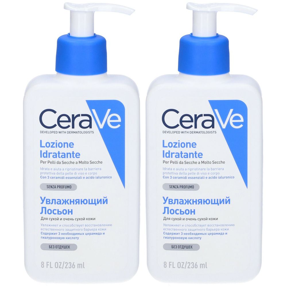 Due flaconi bianchi con tappi blu e pompe. Scritta: CeraVe Lozione Idratante. Testo in italiano e russo.