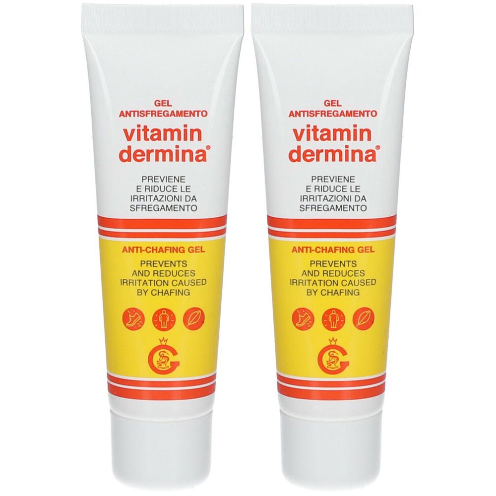 Due tubi di gel Antisfregamento. Tubi bianchi con testo rosso e giallo. Testo: vitamin dermina, Anti-Chafing Gel.
