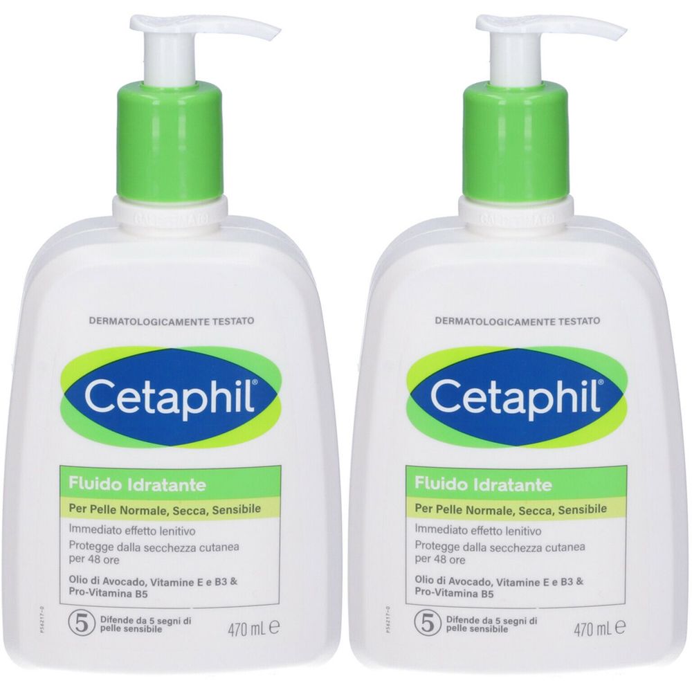 Due flaconi bianchi con erogatore verde. Scritta Cetaphil, Fluido Idratante. Dermatologicamente testato.