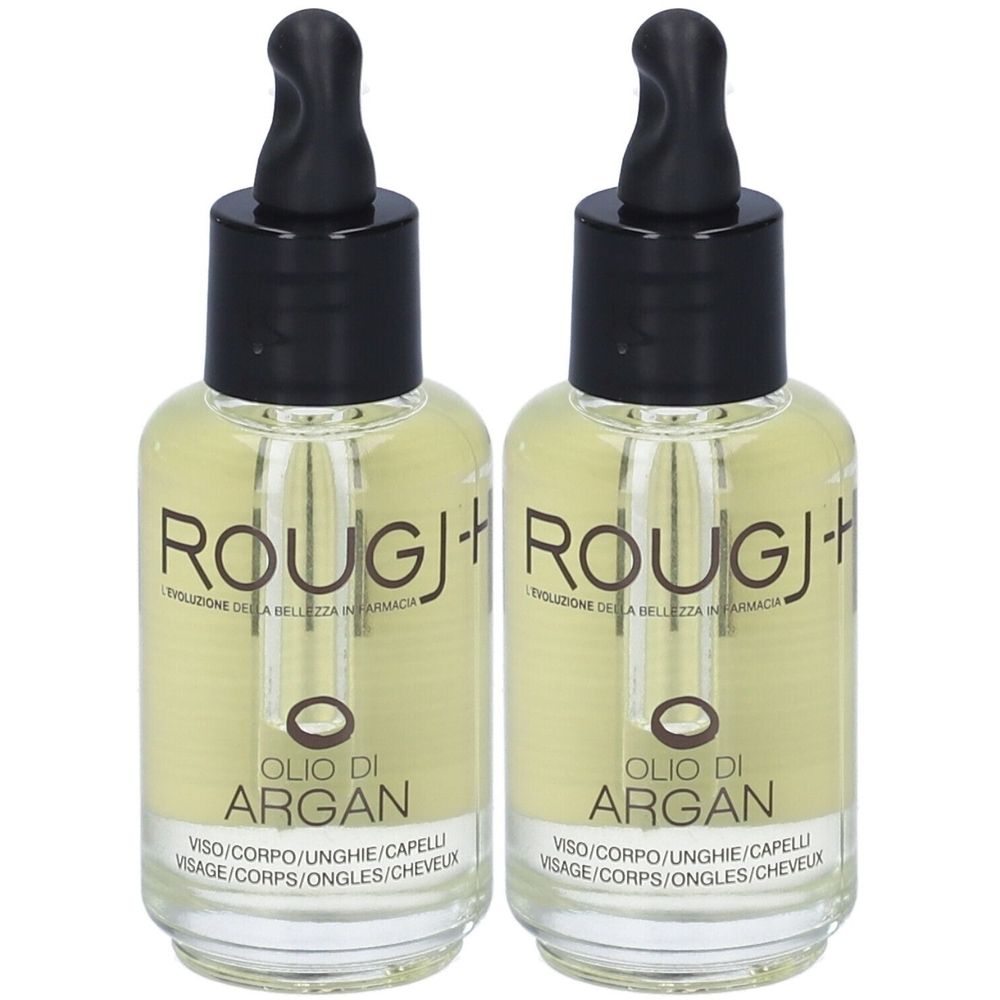 Due flaconi con tappo nero e contagocce. Scritta: ROUGJ Olio di Argan. Per viso, corpo, unghie e capelli.