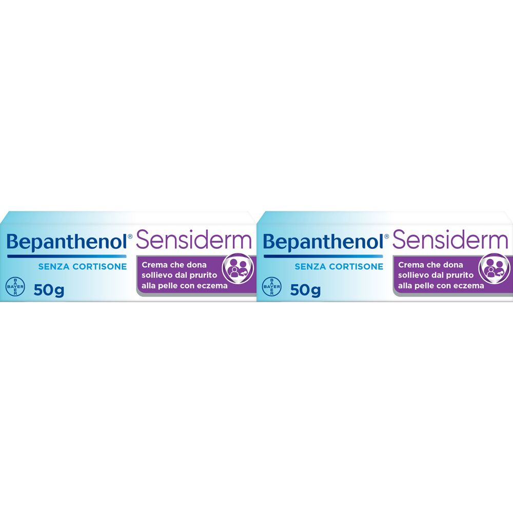 Due tubi di crema Bepanthenol Sensiderm, 50g. Senza cortisone. Crema per il sollievo dal prurito e dagli eczemi.