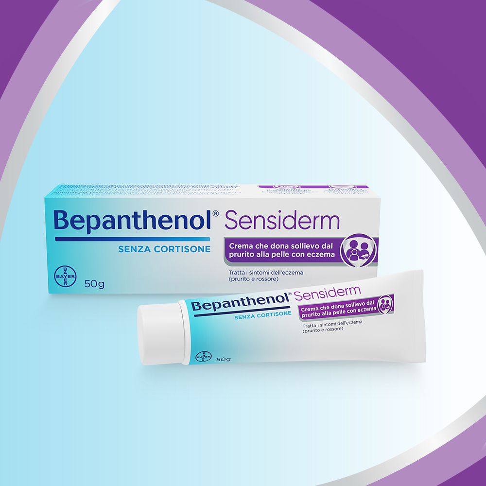 Confezione e tubo Bepanthenol Sensiderm. Senza cortisone. Crema per il sollievo dal prurito e dagli eczemi. 50g.