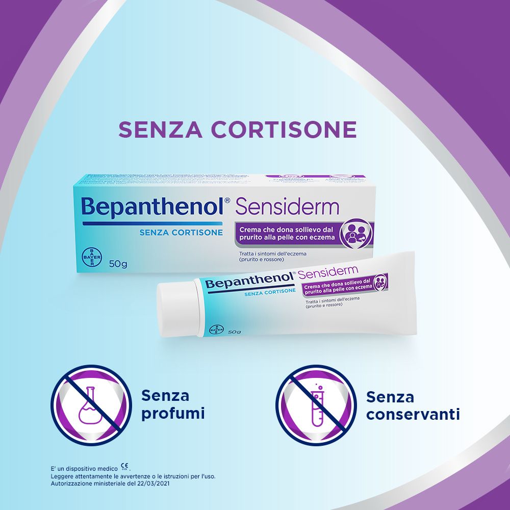 Confezione e tubo Bepanthenol Sensiderm. Senza cortisone. Senza profumi e conservanti.
