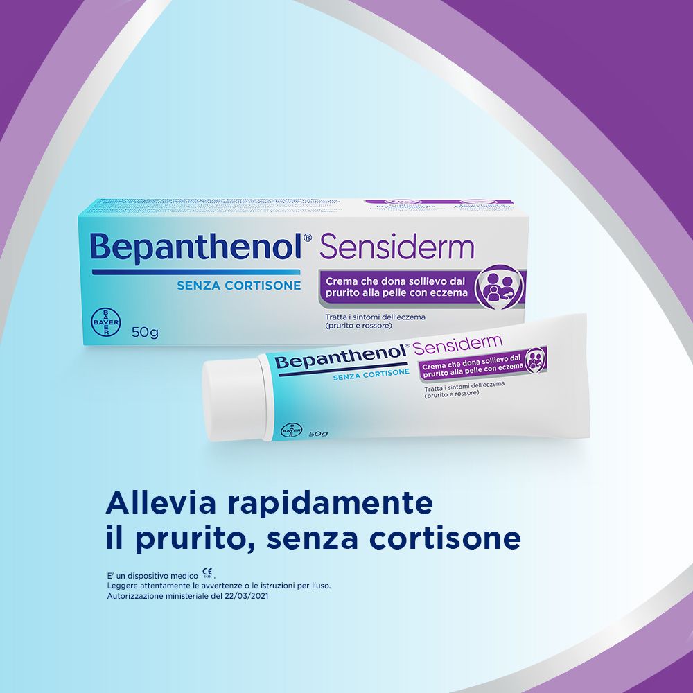 Confezione e tubo Bepanthenol Sensiderm. Senza cortisone. Allevia rapidamente il prurito.