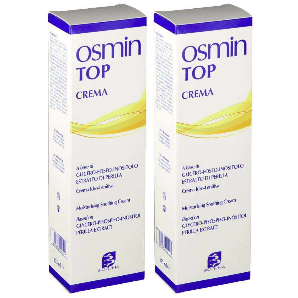 Due scatole rettangolari con "osmin TOP CREMA". Scritta: "A base di Glicero-Fosfo-Inositolo".
