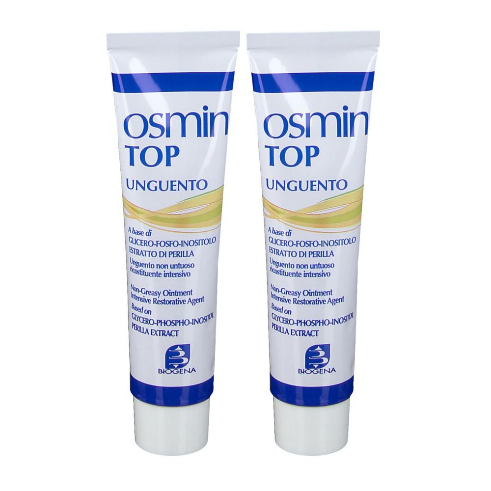 Due tubi di crema. Scritta: Osmin Top Unguento. Confezione blu e bianca. Logo Biogena.