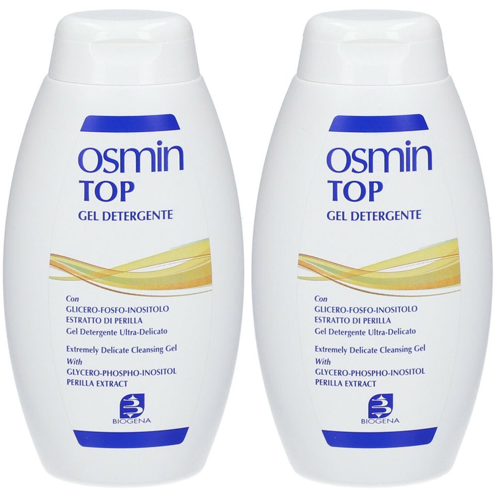 Due flaconi bianchi con etichetta blu. Scritta: Osmin Top Gel Detergente. Contiene Glicero-Fosfo-Inositolo ed estratto di Perilla.