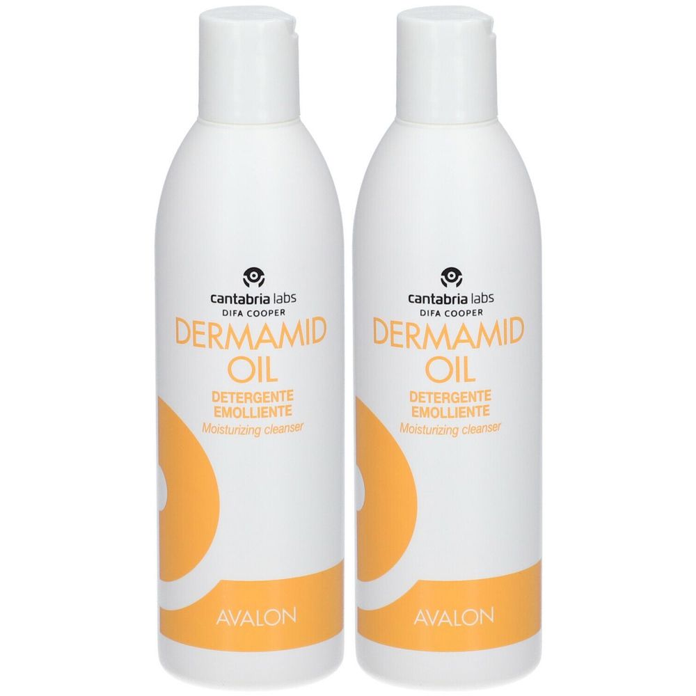 Due flaconi bianchi con dettagli gialli. Scritta: DERMAMID OIL, Detergente Emolliente. Marchio: cantabria labs DIFA COOPER, AVALON.