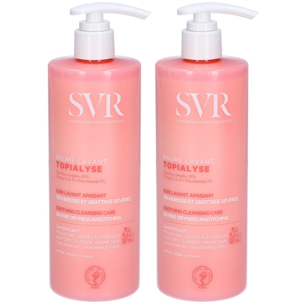 Due flaconi rosa con dispenser bianchi. Scritta SVR, Topialyse, trattamento detergente lenitivo per secchezza e prurito severi.