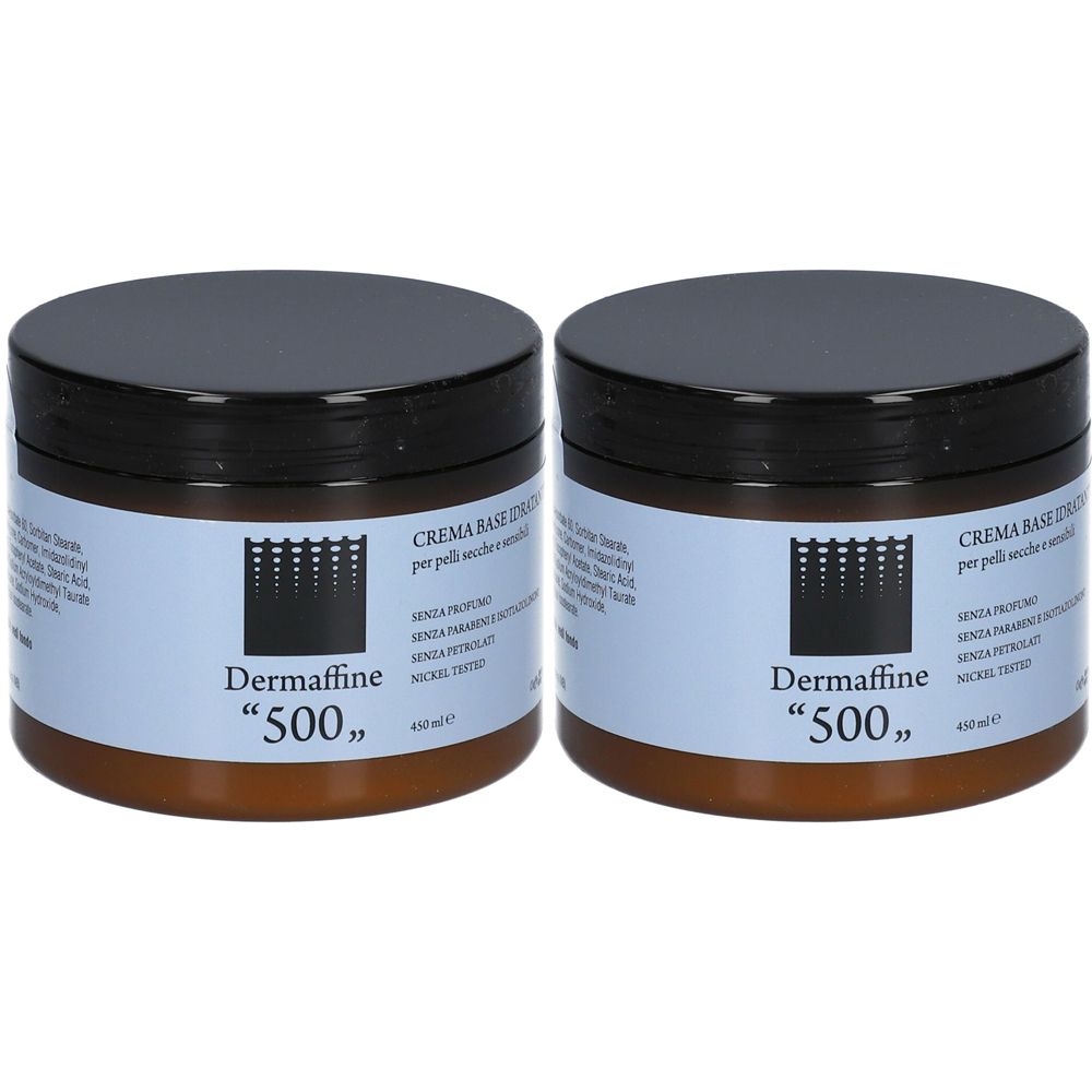 Due barattoli marroni con coperchi neri. Le etichette riportano "Dermaffine 500".