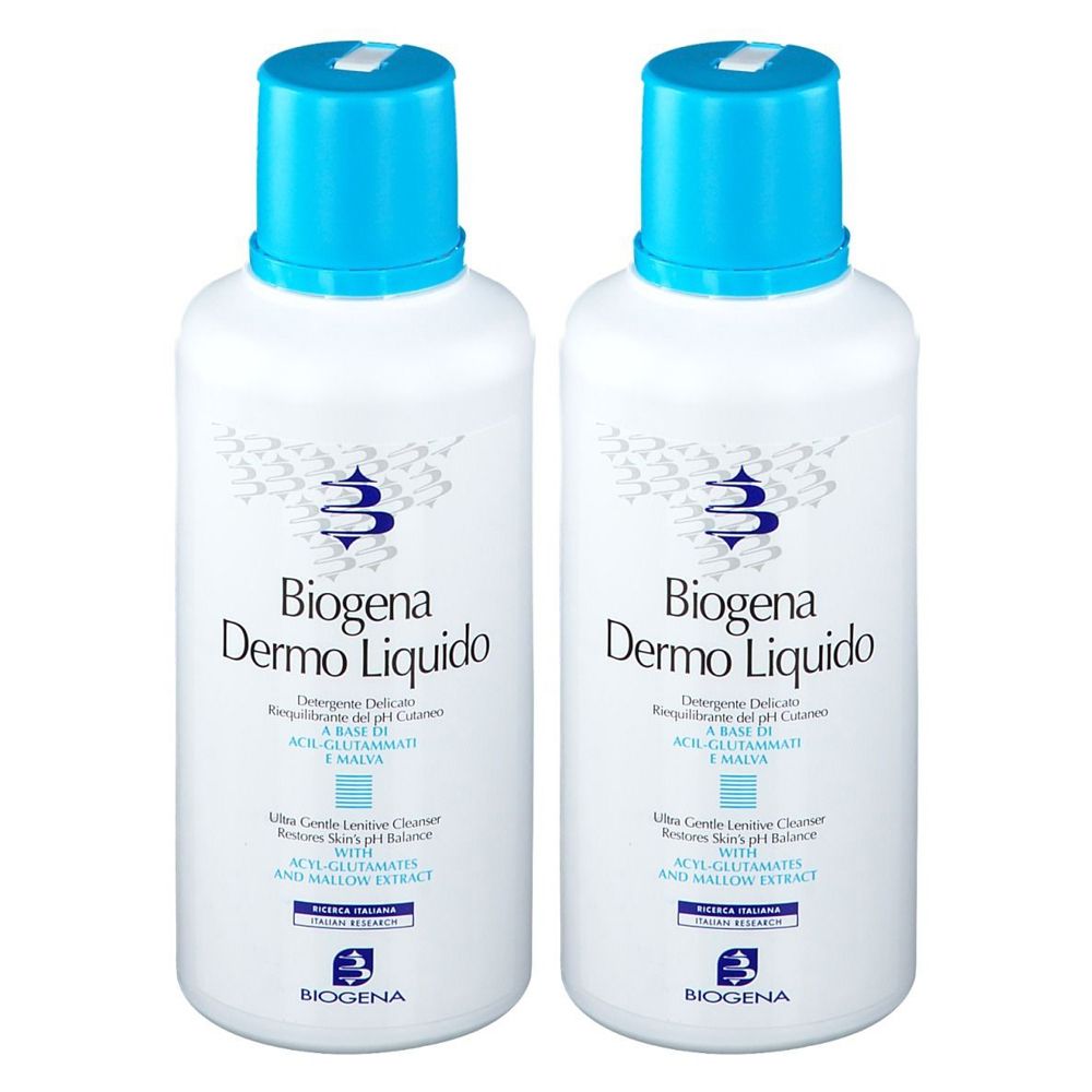 Due flaconi bianchi con tappi blu. Scritta: Biogena Dermo Liquido.