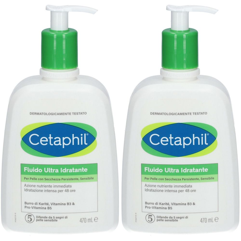 Due flaconi bianchi con erogatori verdi. Ogni flacone riporta le scritte "Cetaphil" e "Fluido Ultra Idratante".