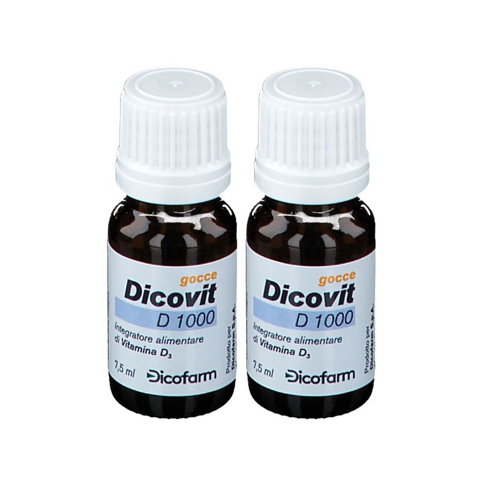 Due flaconi di gocce Dicovit D 1000. Flaconi in vetro marrone con tappi bianchi ed etichette. Scritta: Dicovit D 1000, 7,5 ml.