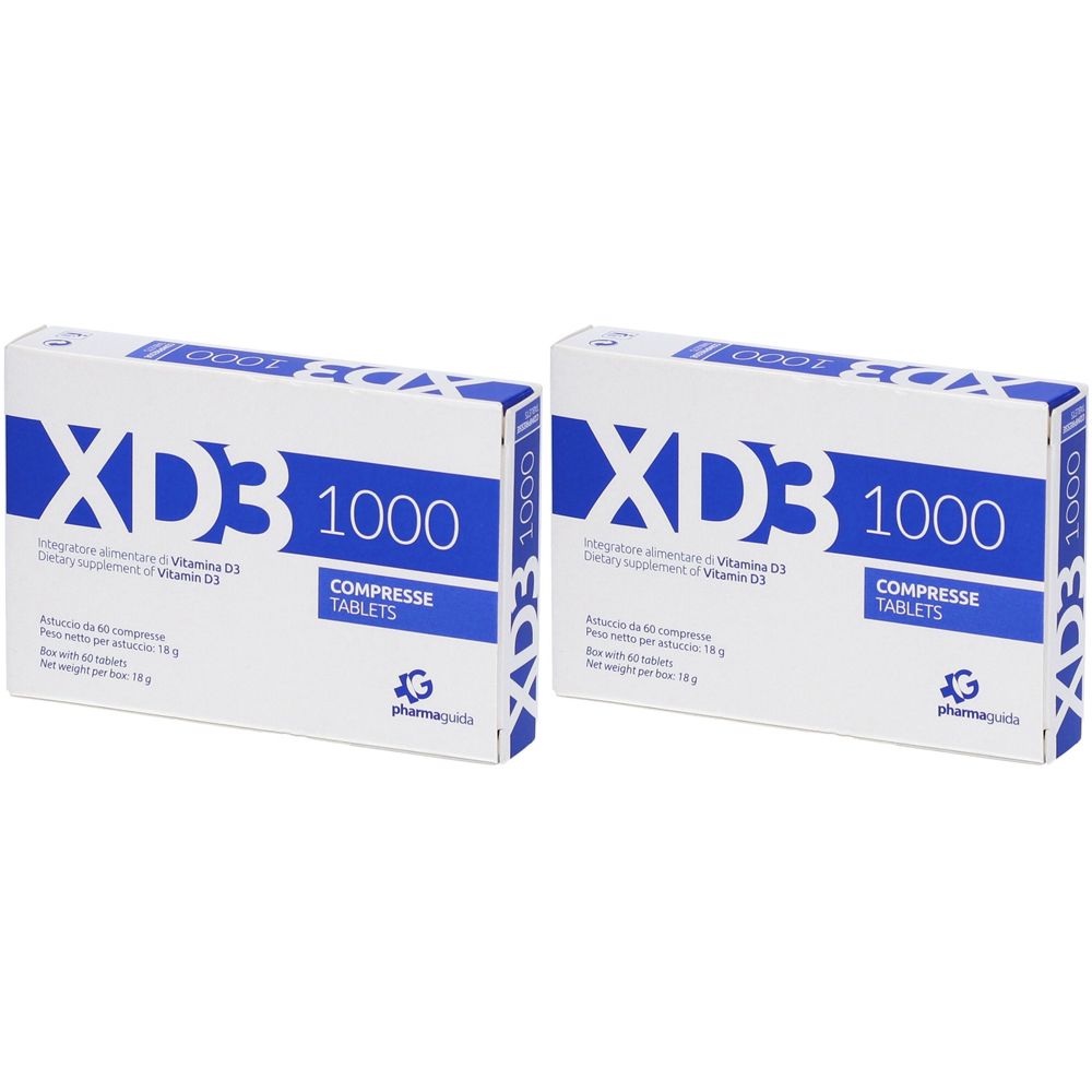 Due scatole bianche con scritta blu « XD3 1000 ». Scritta « COMPRESSE TABLETS ». Integratore alimentare di vitamina D3.