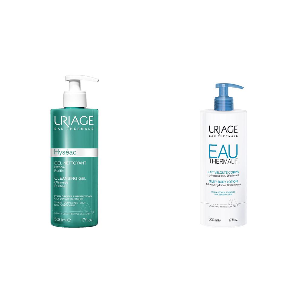 Due flaconi. A sinistra: Uriage Hyséac Gel Detergente, verde, con pompa. A destra: Uriage Eau Thermale, bianco, con pompa blu.