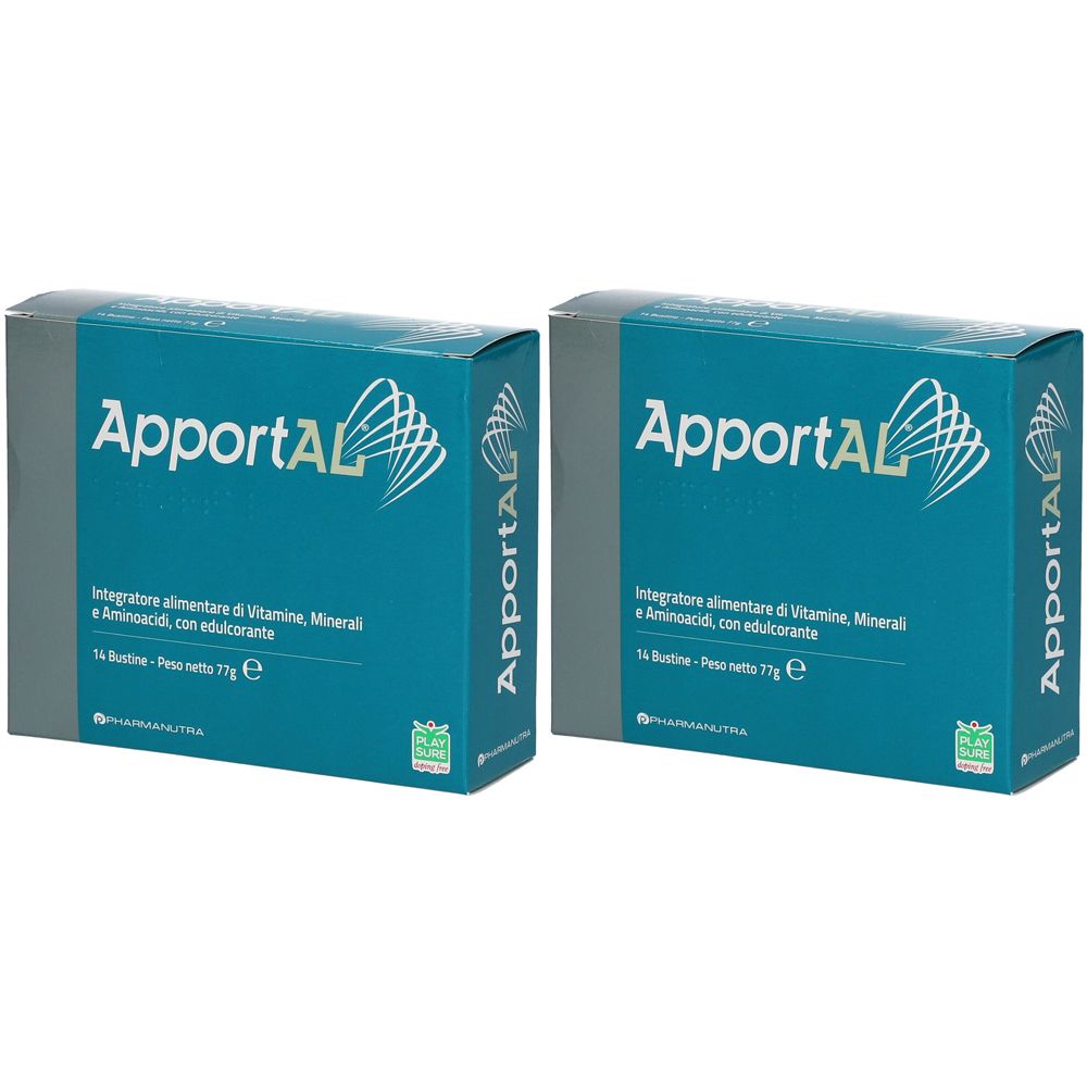Due scatole blu con il nome del prodotto ApportAL. Scritta: Integratore alimentare di Vitamine, Minerali e Aminoacidi, con edulcorante.