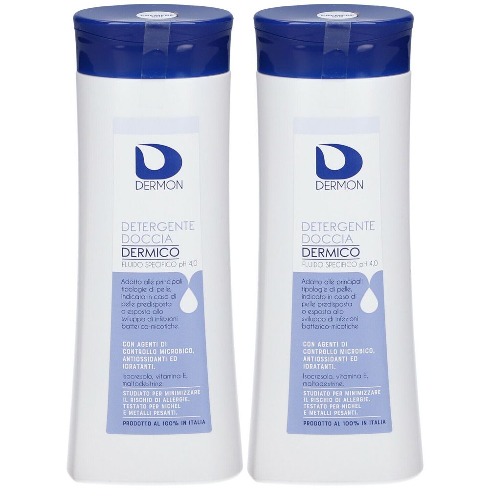Due flaconi bianchi con tappi blu. Scritta: Dermon Detergente Doccia Dermico.
