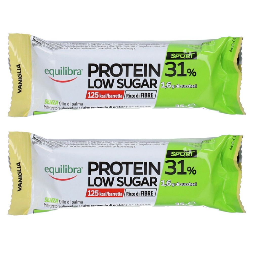 Due barrette proteiche. Scritta: Equilibra, Protein, Low Sugar, 31%, 125 kcal/barretta, senza olio di palma. Confezione verde e bianca.