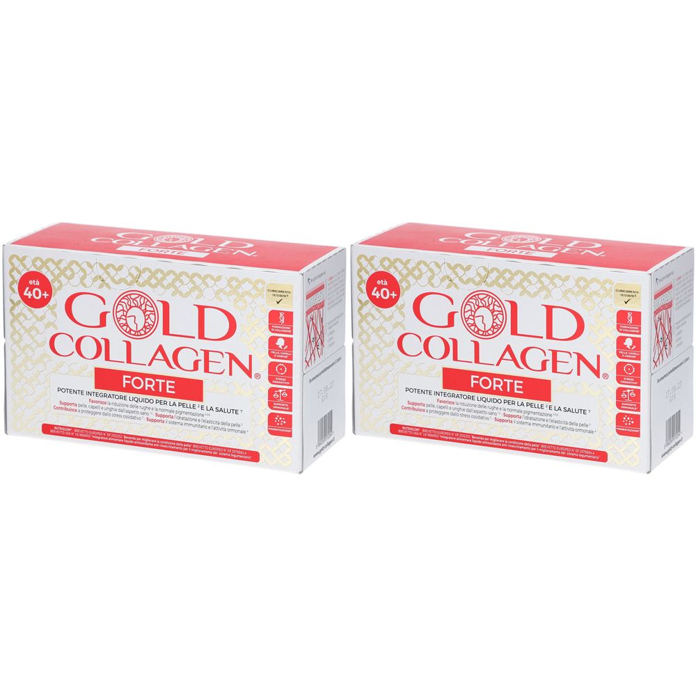 Due confezioni di Gold Collagen Forte. Confezione bianca, rossa e oro con nome e logo del prodotto. Per over 40.