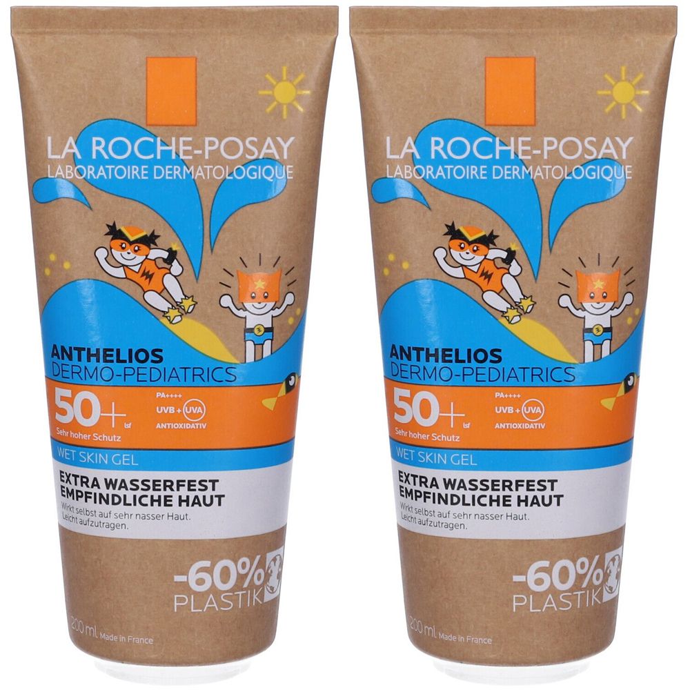 Due tubi di gel solare La Roche-Posay Anthelios Dermo-Pediatrics 50+ per bambini. Scritto: Extra resistente all'acqua, pelle sensibile.
