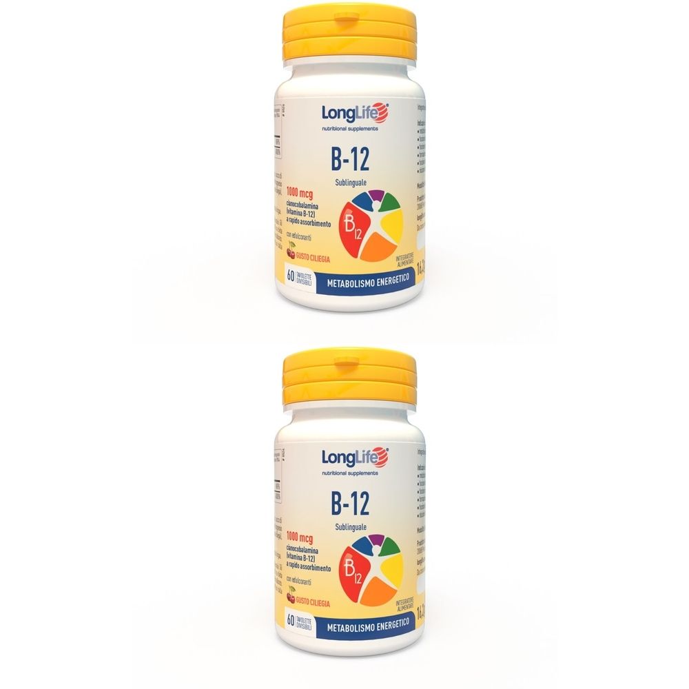 Due flaconi con tappo giallo. Scritta: LongLife B-12. Integratore. 1000 mcg. 60 compresse. Metabolismo energetico.