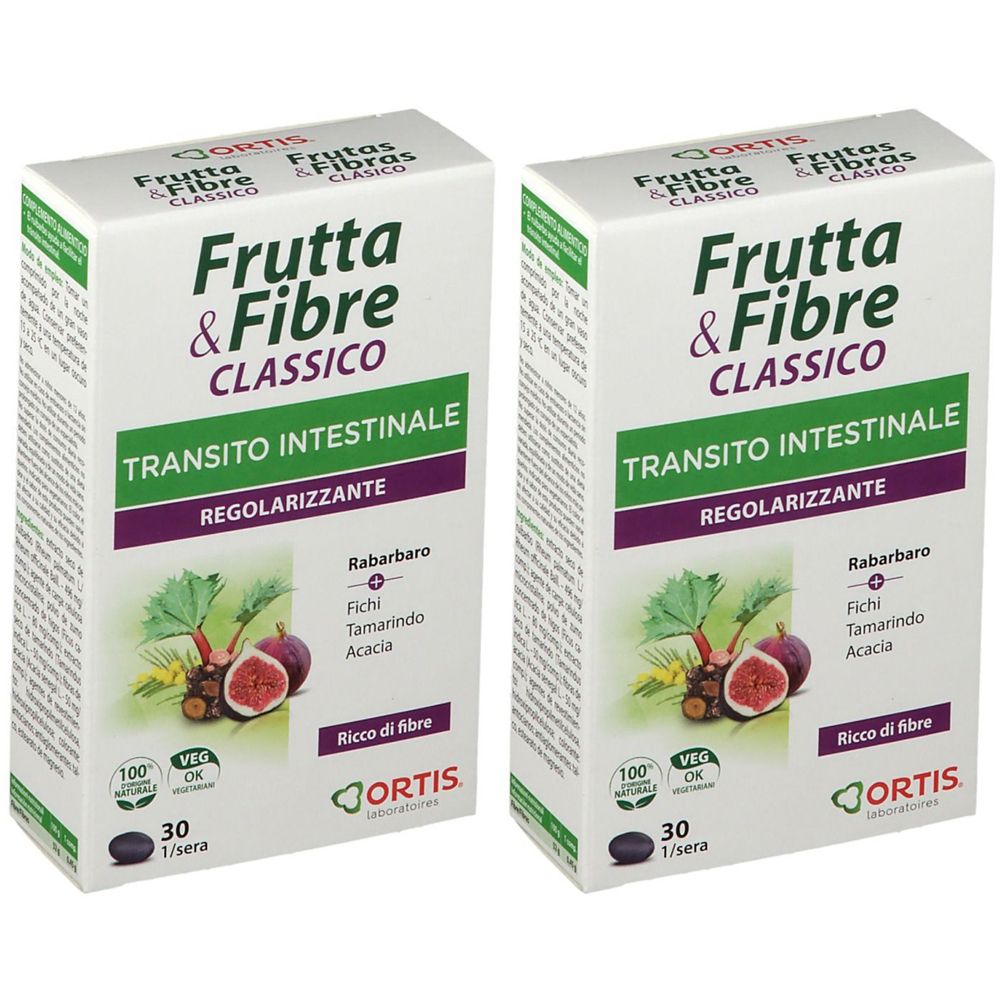 Due scatole "Frutta & Fibre Classico". Scritta "Transito Intestinale". Illustrazione di fichi e piante.