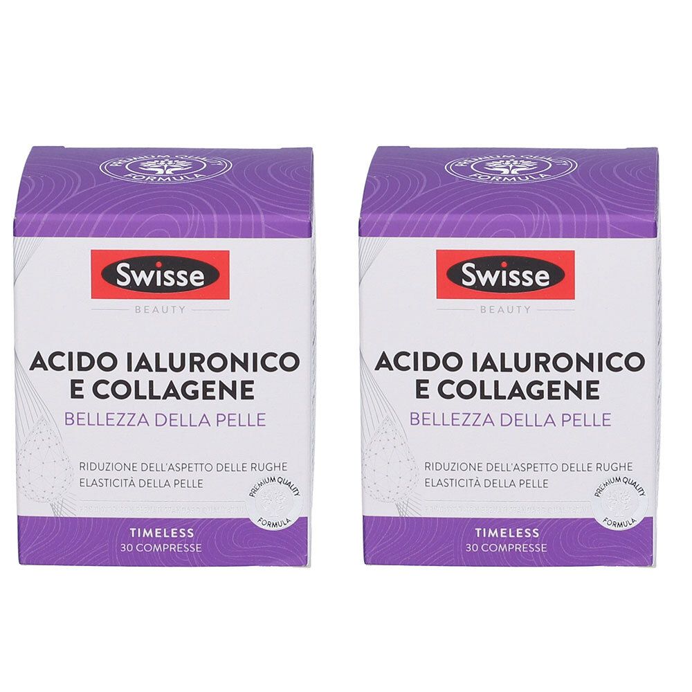 Due confezioni di integratori Swisse. Scritta: Acido Ialuronico e Collagene, Timeless 30 Compresse.