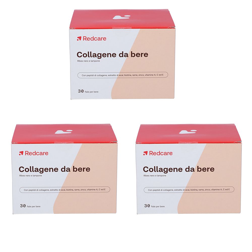Tre confezioni Redcare Collagene da bere. Coperchi rossi, scatole bianche con informazioni.