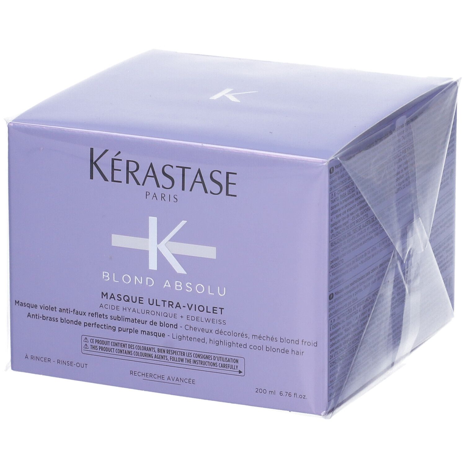 Confezione Kérastase Masque Ultra-Violet. Scatola viola con informazioni e logo. Confezionato in plastica.