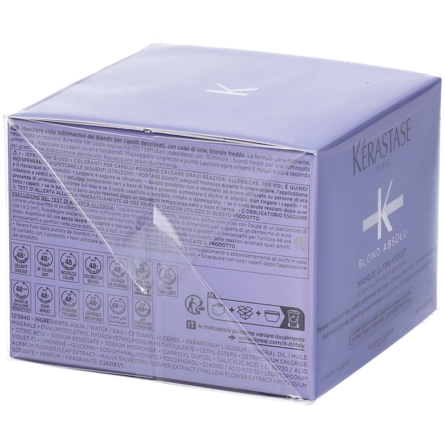 Confezione Kérastase Masque Ultra-Violet. Scatola viola con informazioni e logo. Confezionato in plastica.