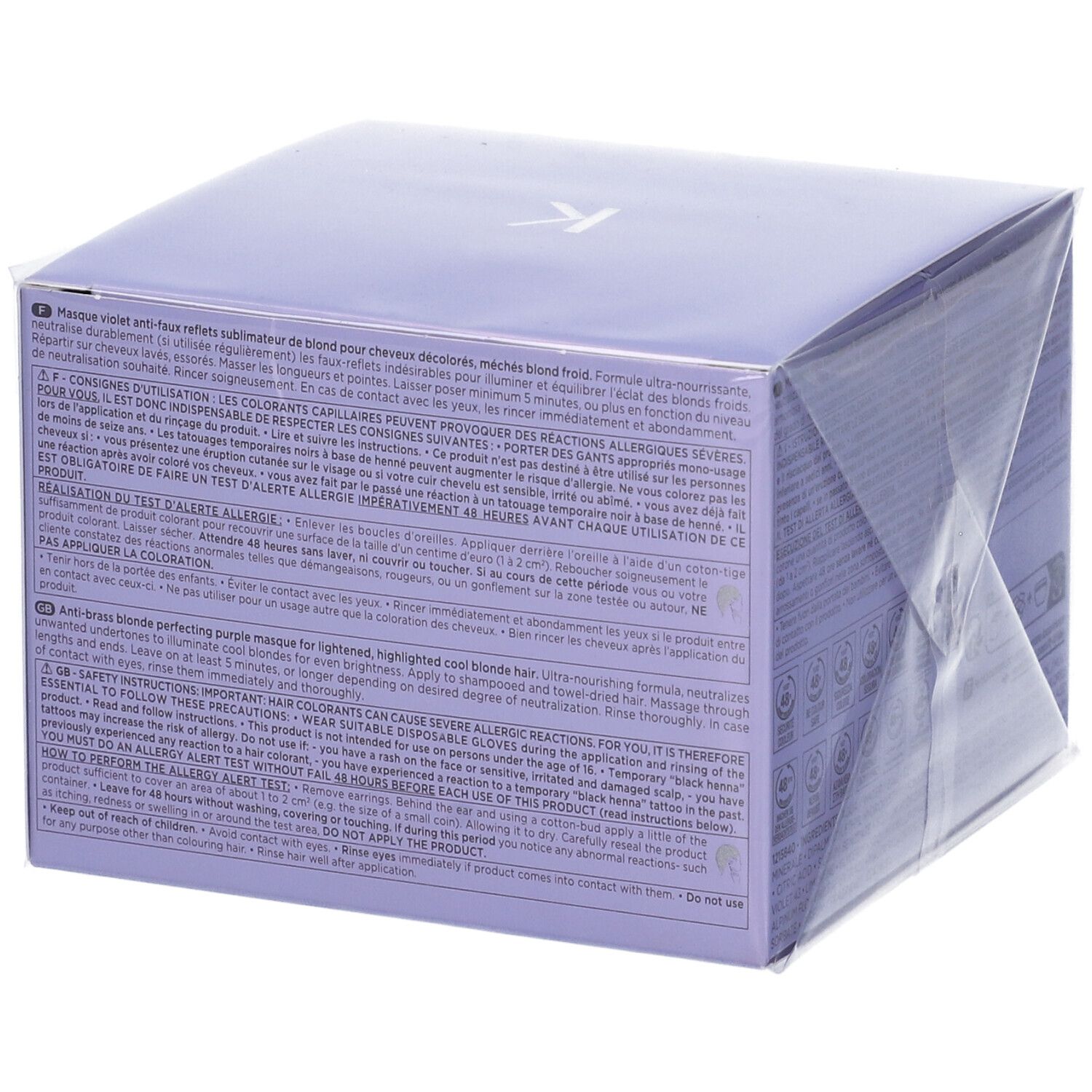 Confezione Kérastase Masque Ultra-Violet. Scatola viola con informazioni e logo. Confezionato in plastica.