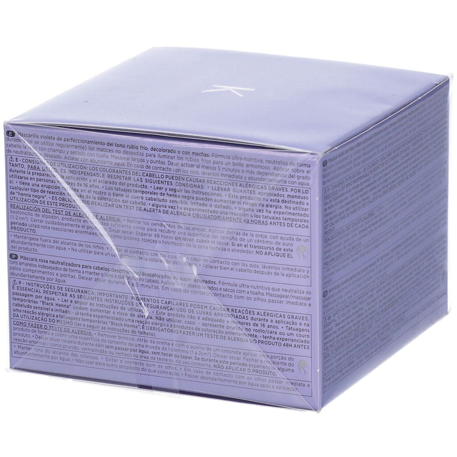 Confezione Kérastase Masque Ultra-Violet. Scatola viola con informazioni e logo. Confezionato in plastica.