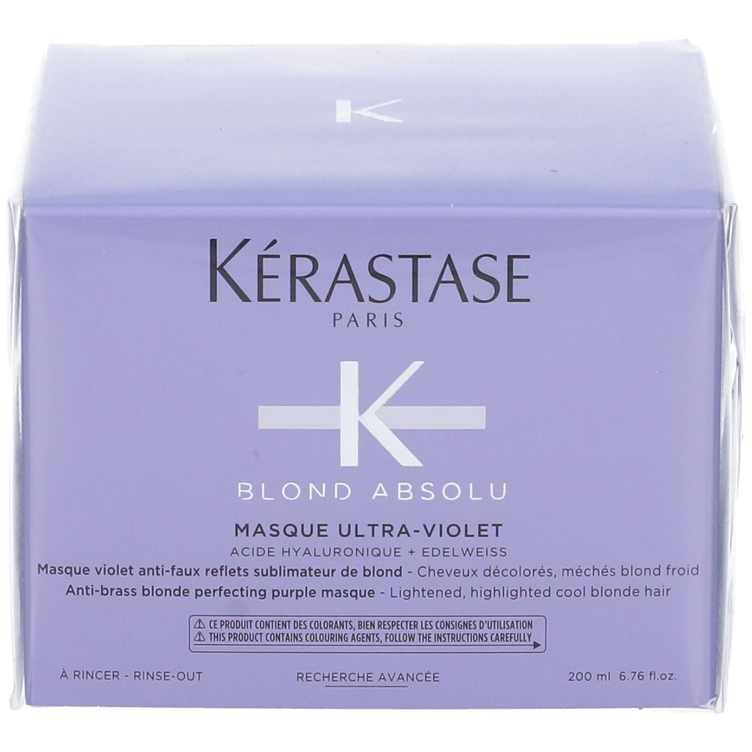 Confezione Kérastase Masque Ultra-Violet. Scatola viola con informazioni e logo. Confezionato in plastica.