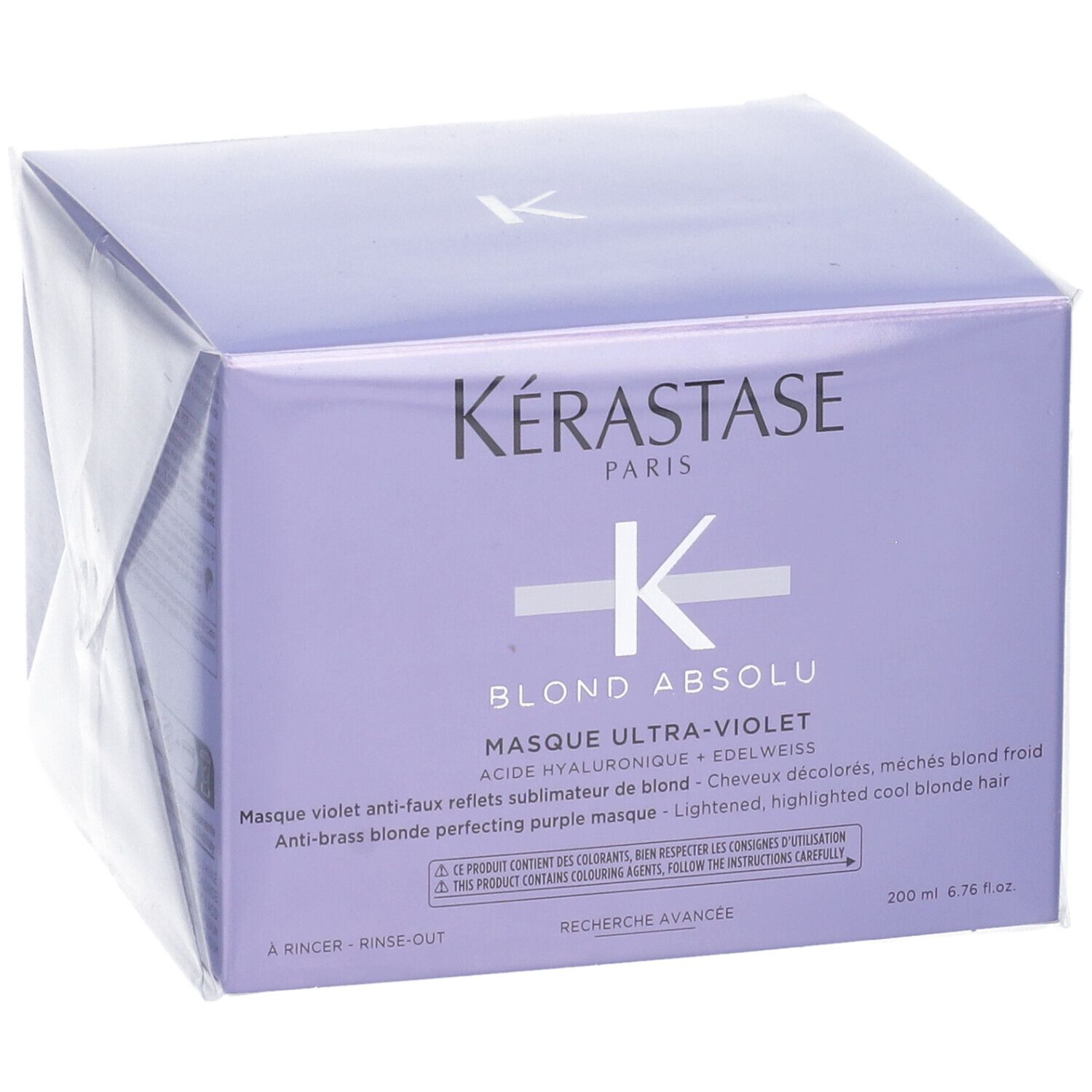 Confezione Kérastase Masque Ultra-Violet. Scatola viola con informazioni e logo. Confezionato in plastica.