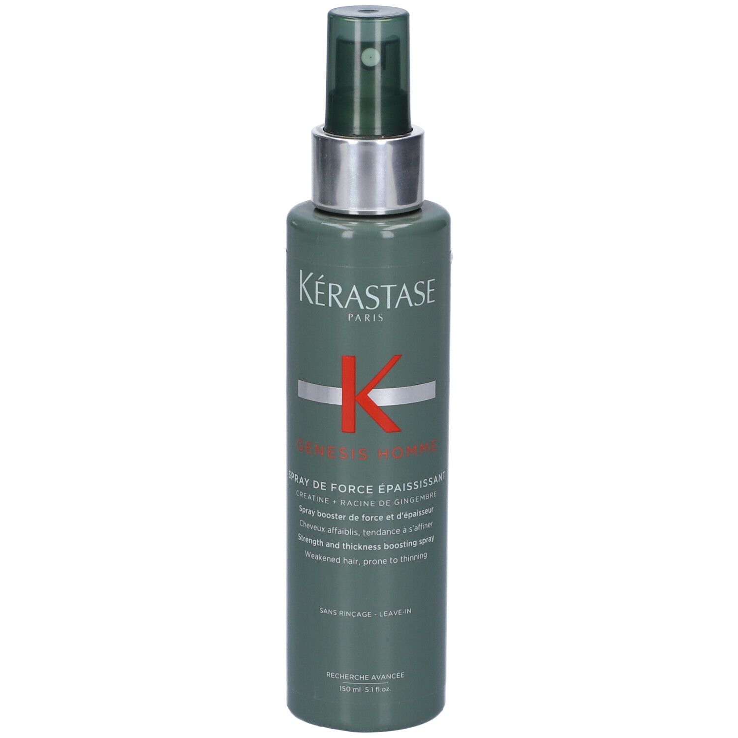 Flacone verde con vaporizzatore. Kérastase Genesis Homme Spray de Force Épaississant. Scritta rossa.