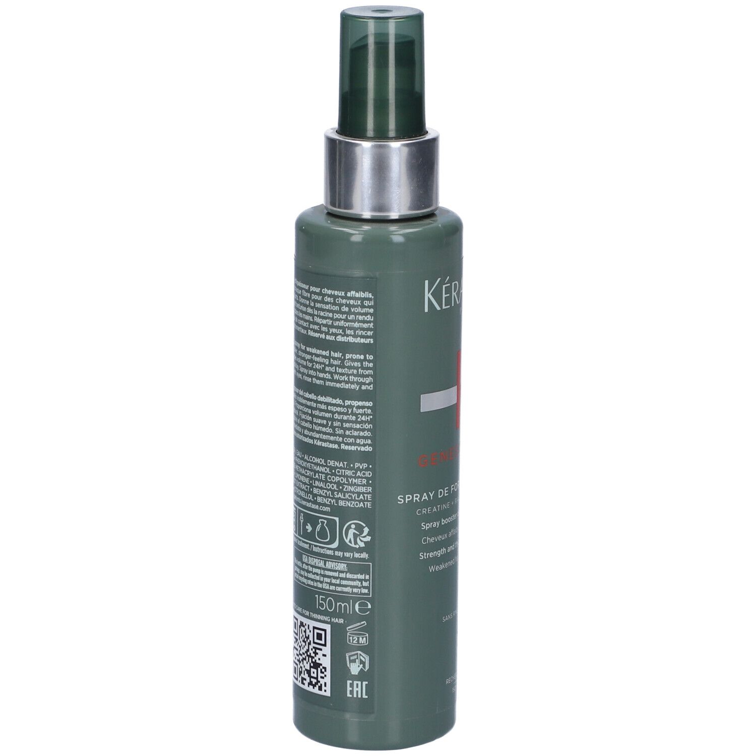 Flacone verde, retro. Kérastase Genesis Homme Spray de Force Épaississant. Testo e simboli.