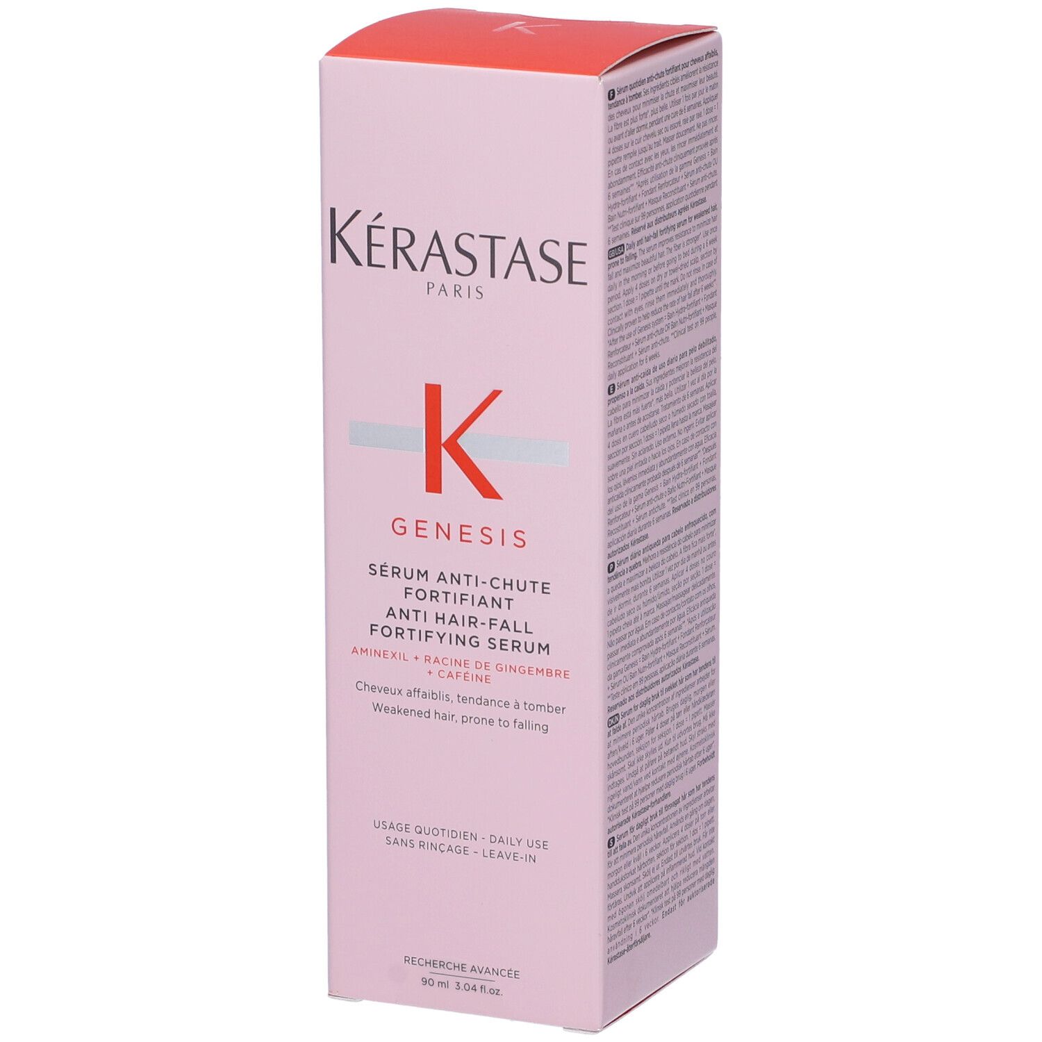 Rosa Verpackung von Kérastase Genesis Sérum Anti-Chute Fortifiant. Text: Anti-Haarausfall, stärkendes Serum. 90 ml.