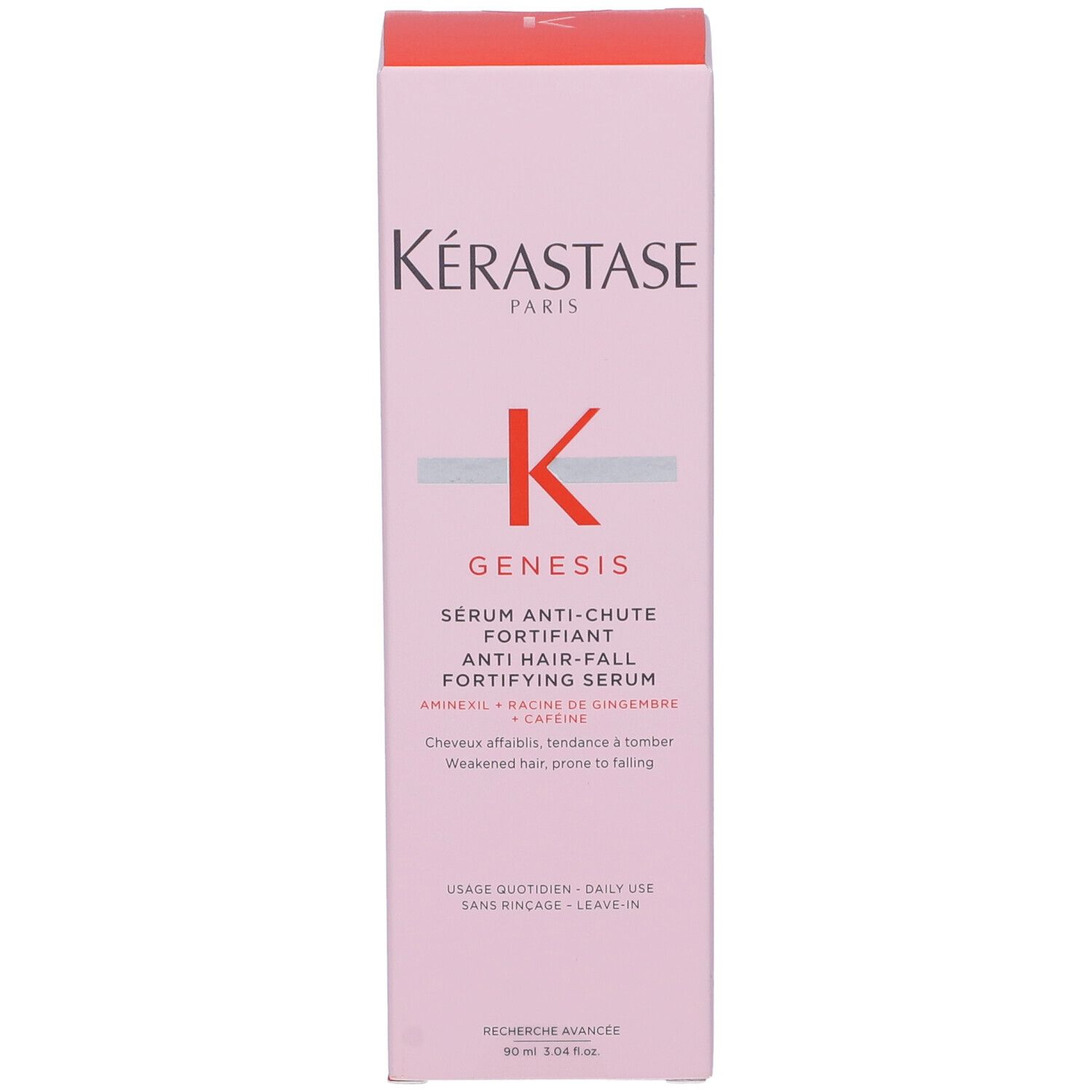 Rosa Kérastase Genesis Verpackung. Text: Anti-Haarausfall, stärkendes Serum. 90 ml.