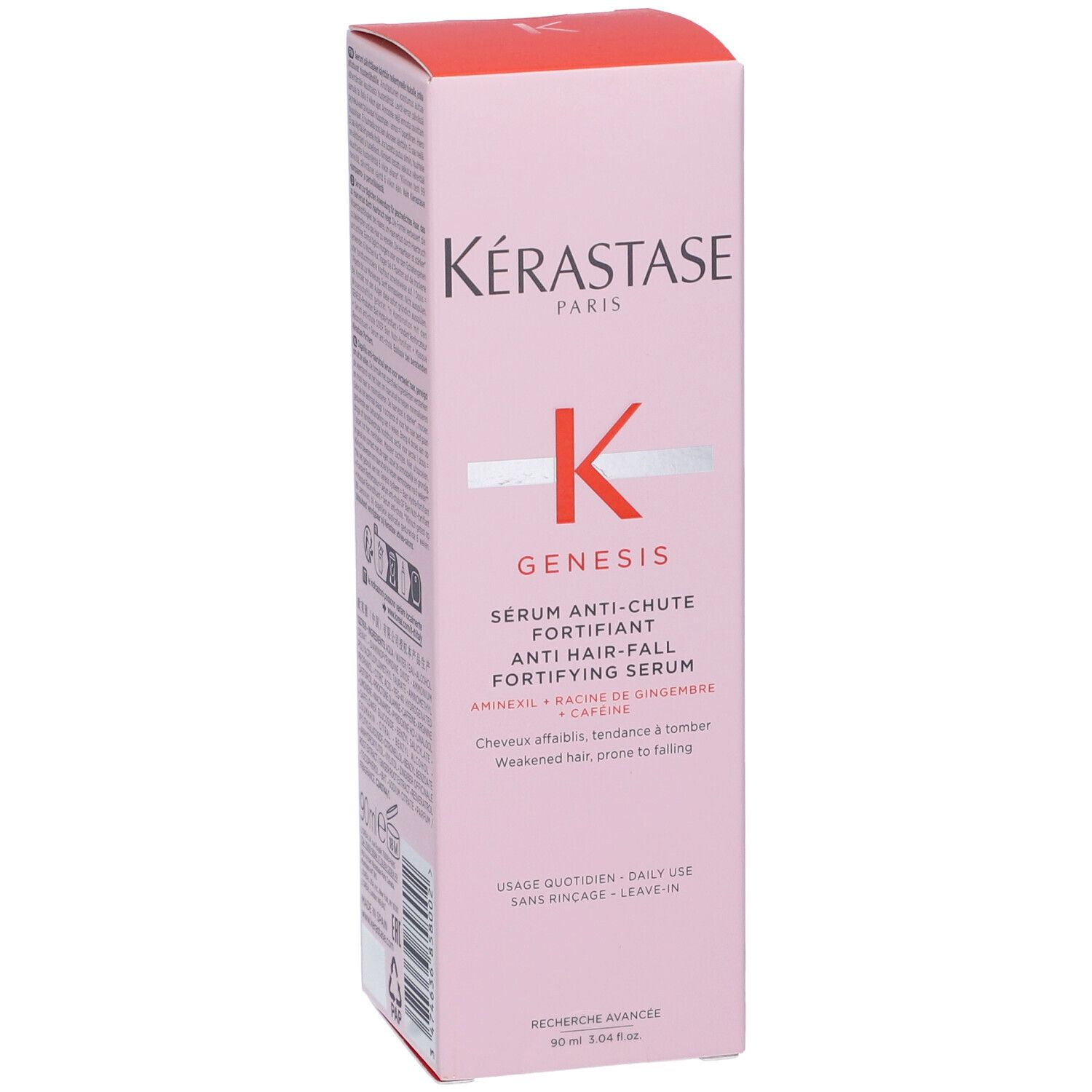 Rosa Kérastase Genesis Verpackung. Text: Anti-Haarausfall, stärkendes Serum. 90 ml.