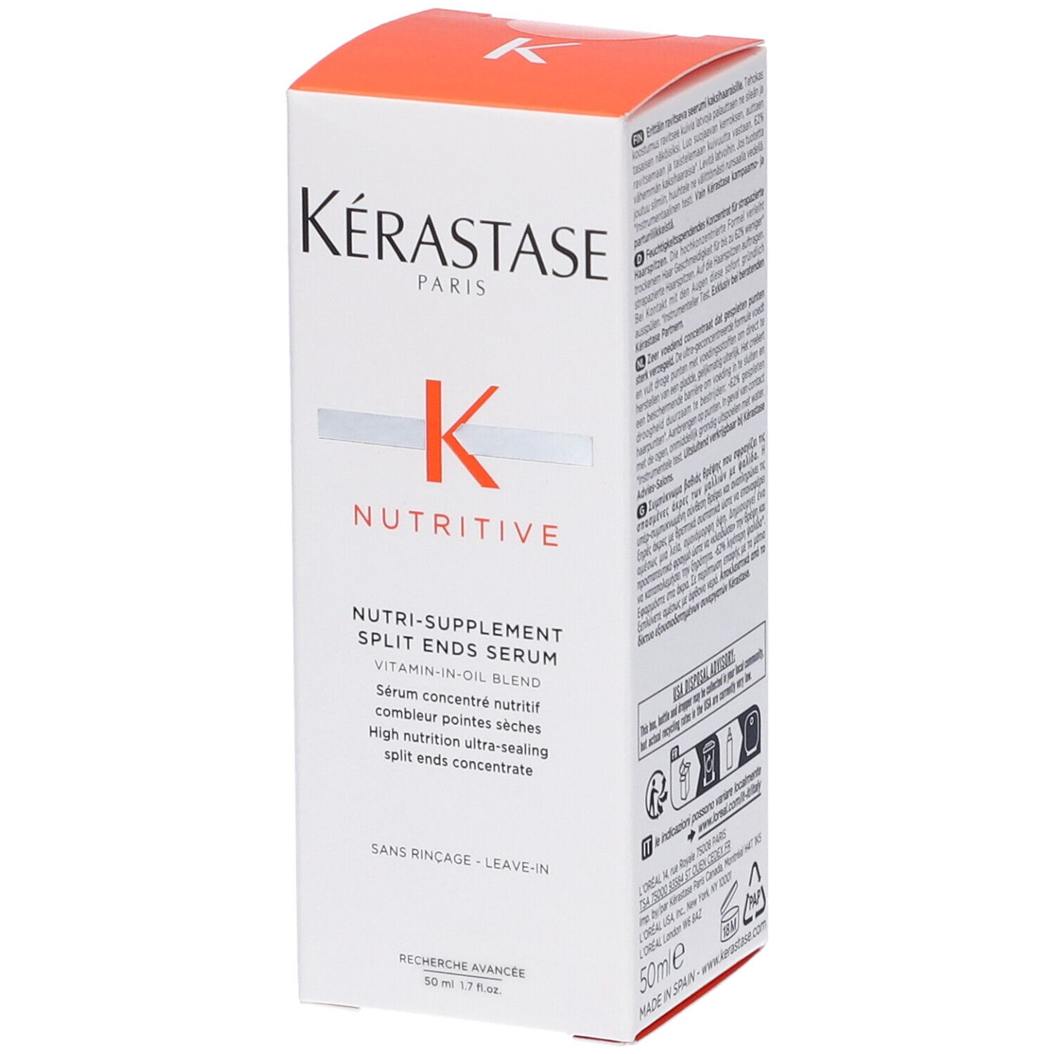 Confezione del siero Kérastase Nutritive. Bianca con coperchio arancione. Nome e logo del prodotto visibili.