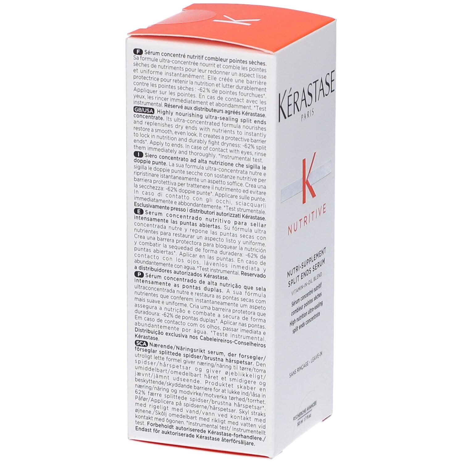 Confezione del siero Kérastase Nutritive. Retro con testo multilingue. Coperchio arancione.