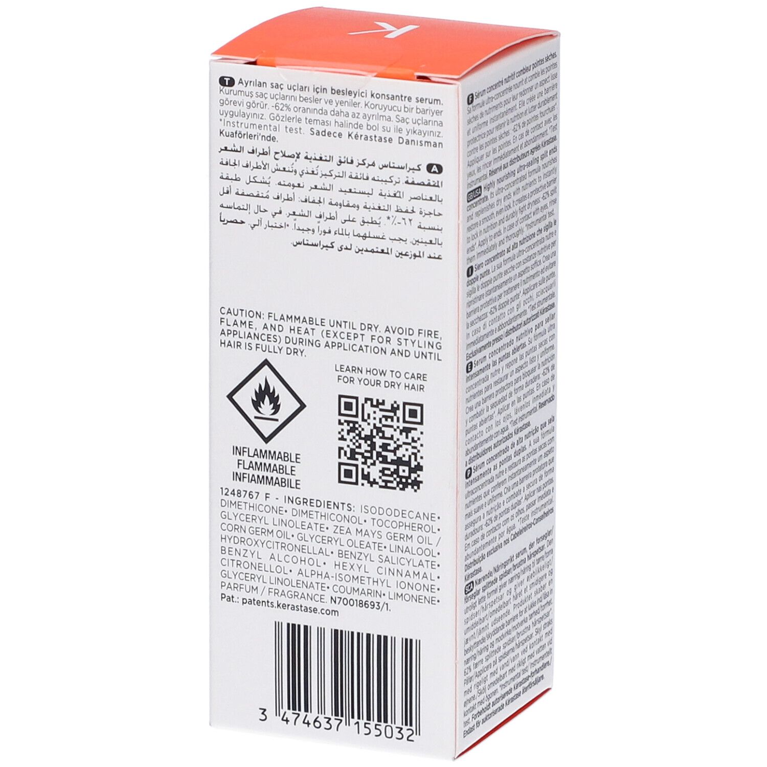 Confezione del siero Kérastase Nutritive. Retro con avvertenze e ingredienti. Coperchio arancione.