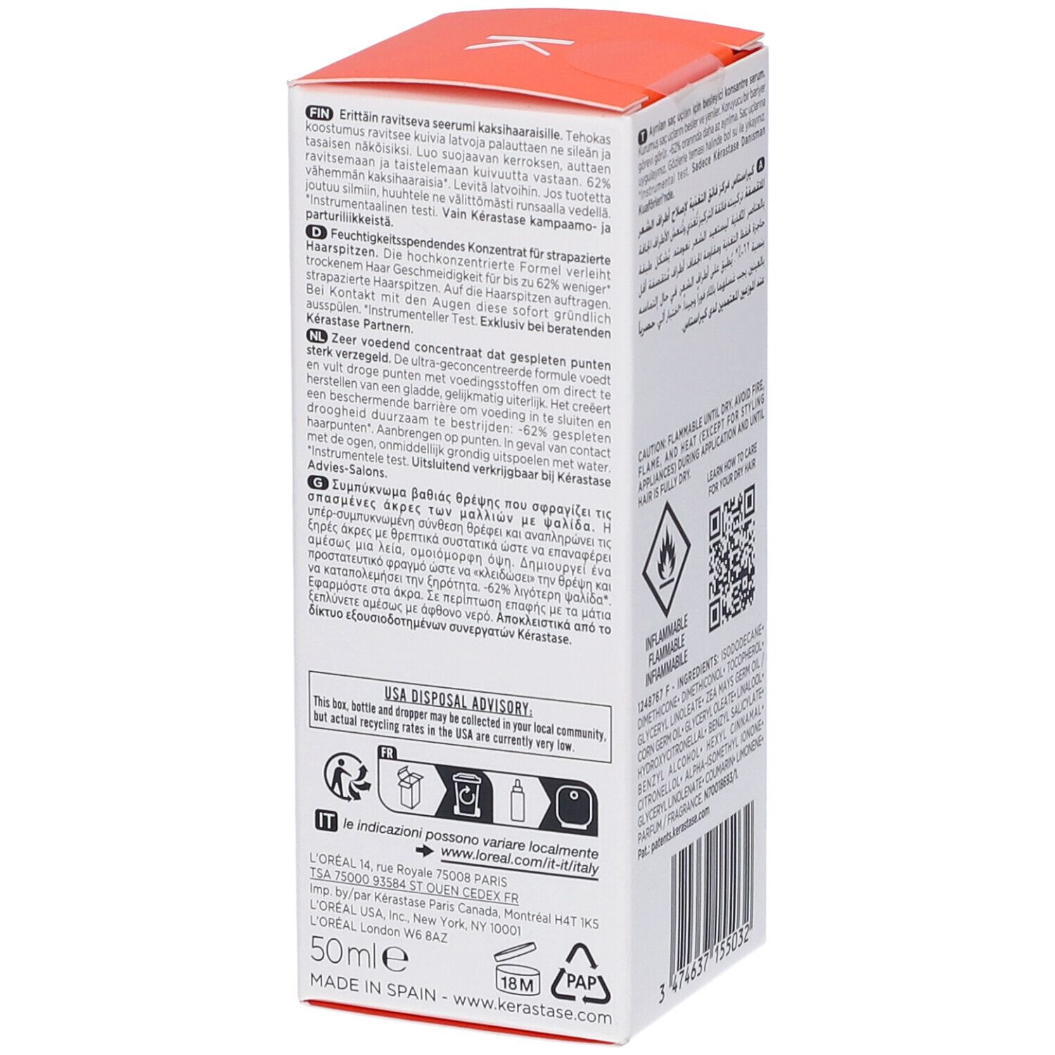 Confezione del siero Kérastase Nutritive. Retro con testo e simboli di riciclaggio. Coperchio arancione.