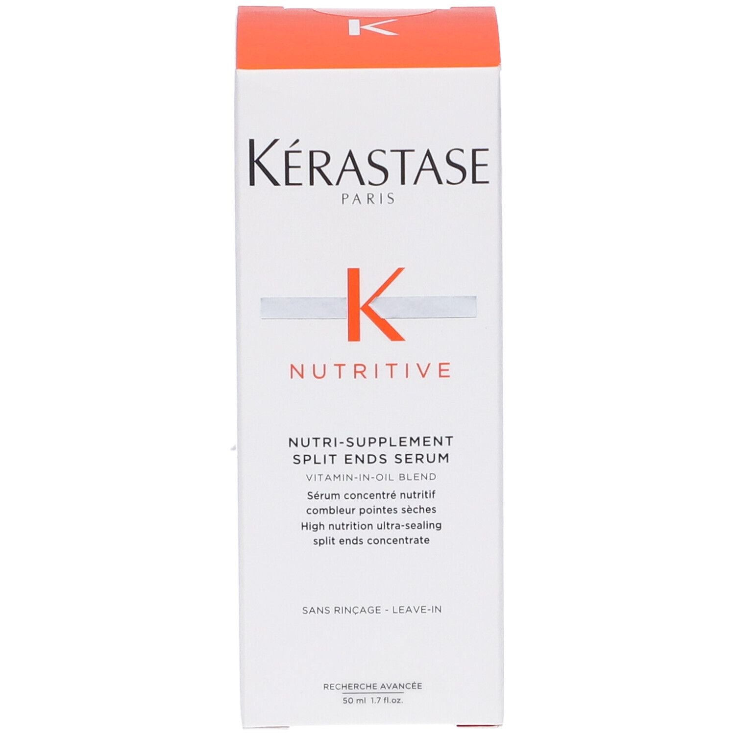 Confezione del siero Kérastase Nutritive. Fronte con nome e logo del prodotto. Bianco con coperchio arancione.