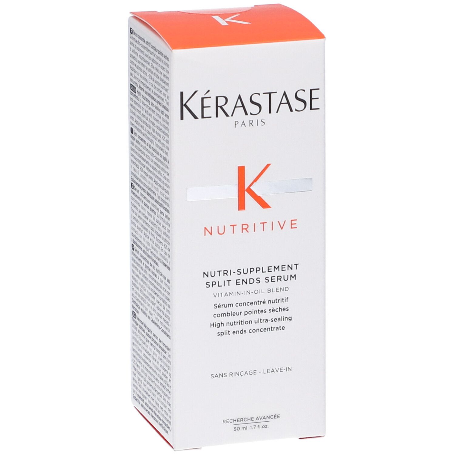 Confezione del siero Kérastase Nutritive. Fronte con nome e logo del prodotto. Bianco con coperchio arancione.